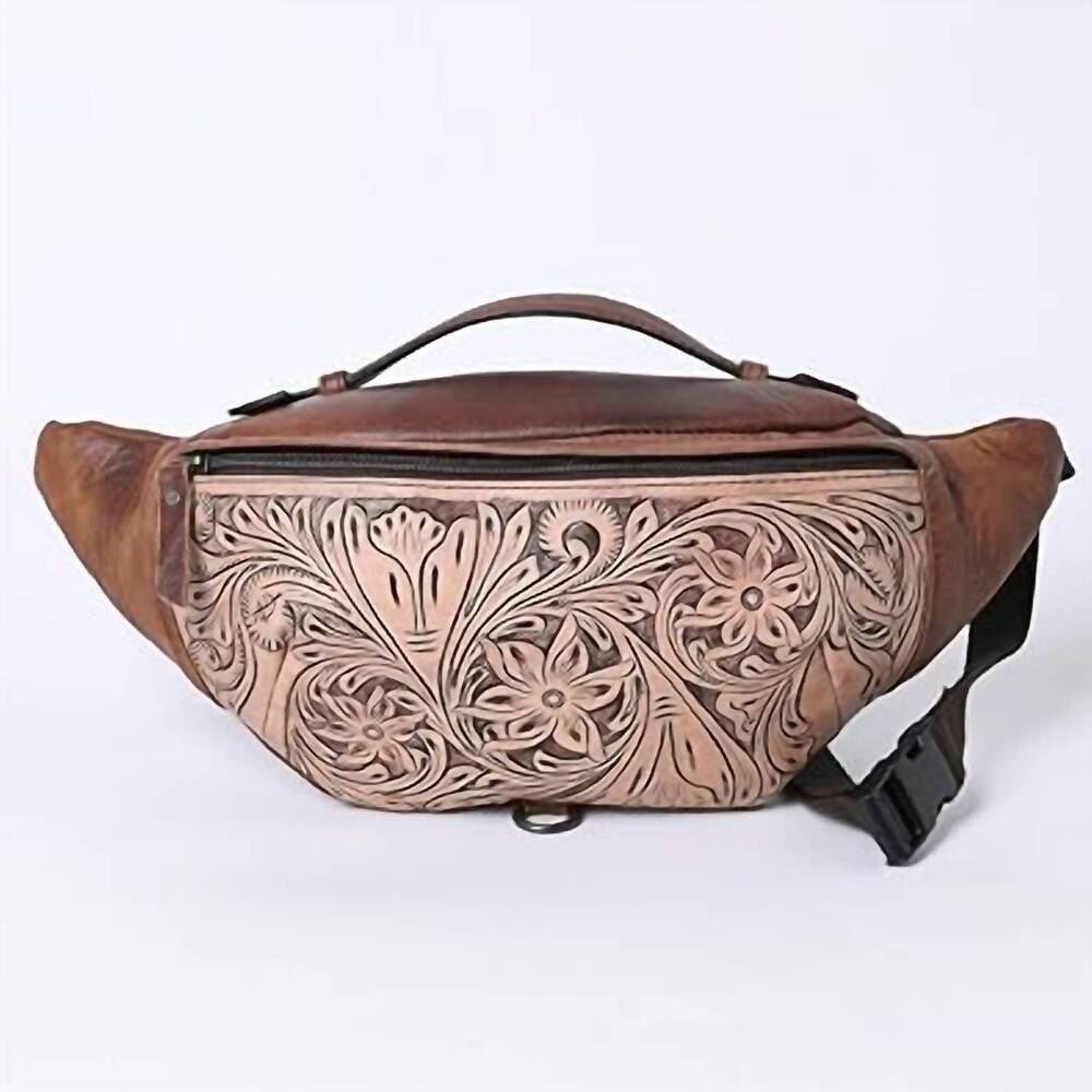 NEW AMERICAN DARLING women's floral leather fanny pack sling bag in brown